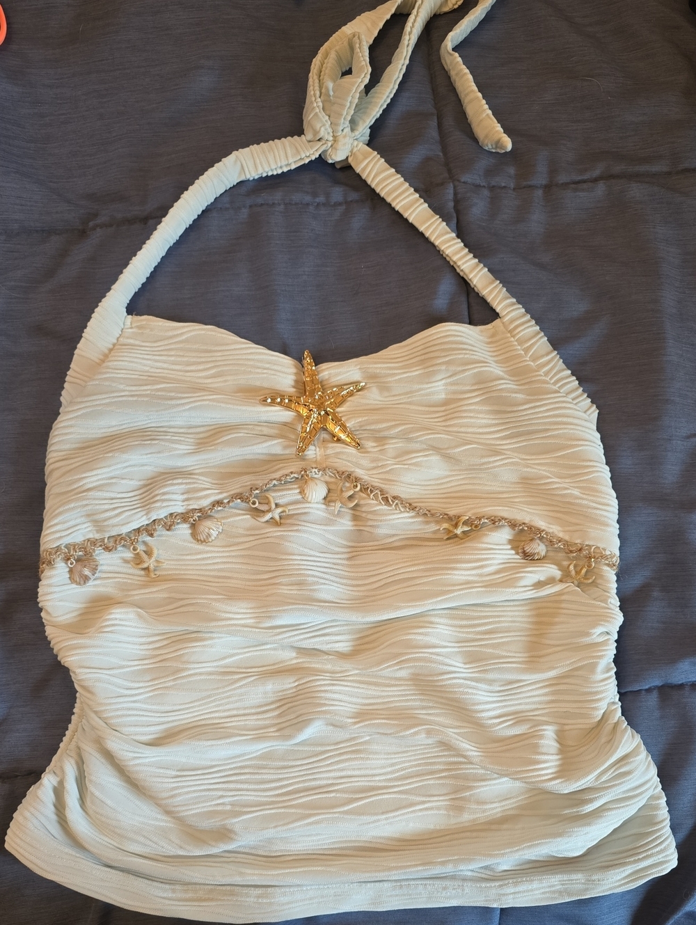 SHEIN Cream Halter Crop Top with Gold Star & Shell Trim
